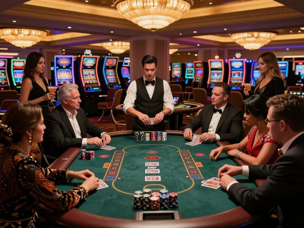 3WIN players strategizing at an upscale blackjack table in a lively casino atmosphere