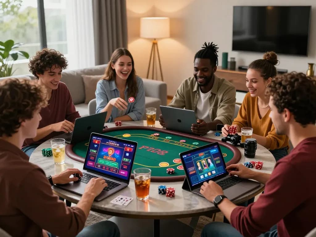 Friends enjoying an exciting online poker game on 789win with lively decor and atmosphere.