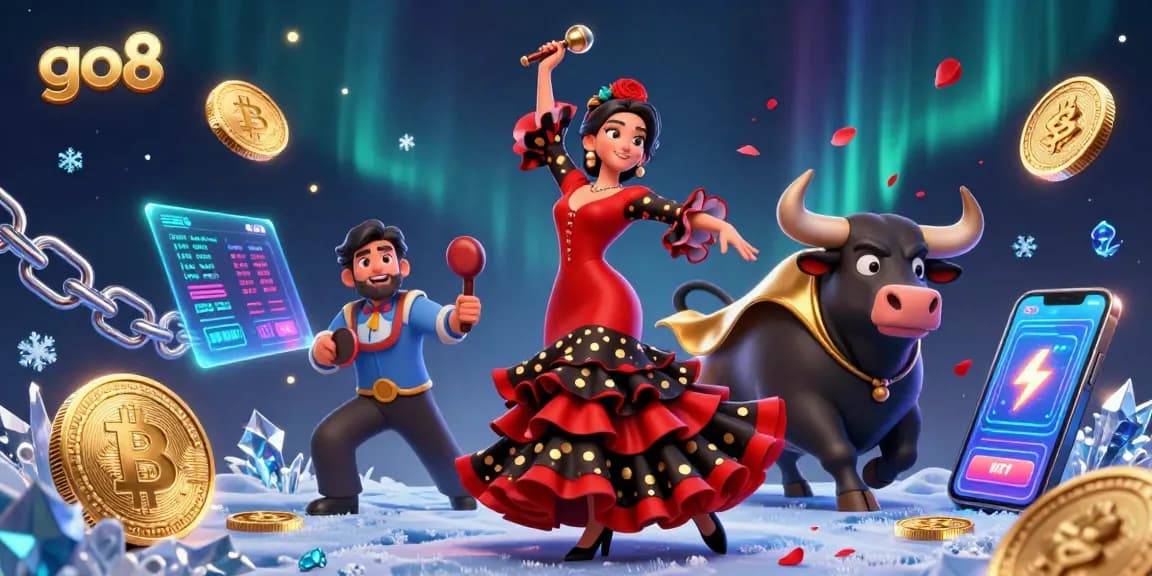 Go8 captures a vibrant casino scene with a flamenco dancer and a bull, infused with cryptocurrency themes.