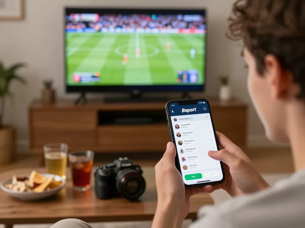 Person betting on Bsport app while enjoying a sports match, showcasing live odds and excitement