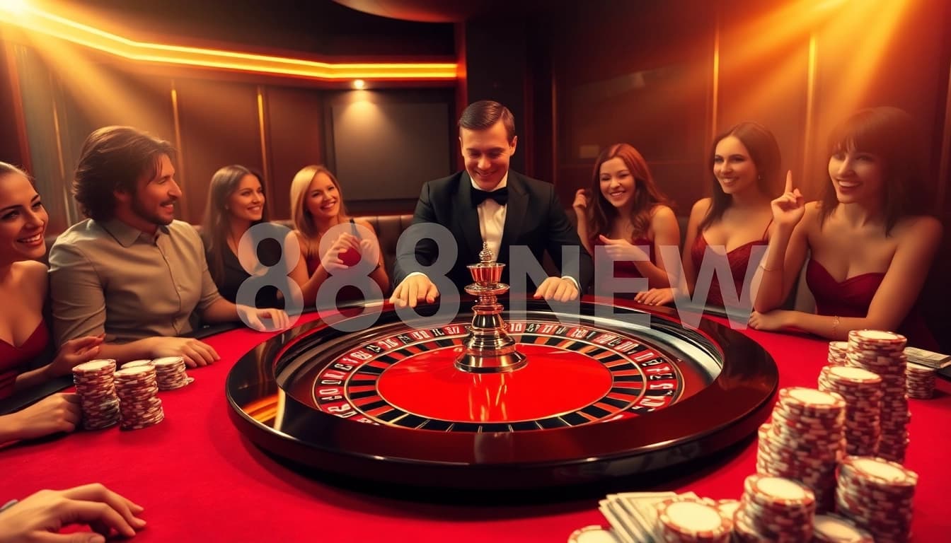Gambling excitement at 888NEW with a professional roulette table, players, and luxurious atmosphere.