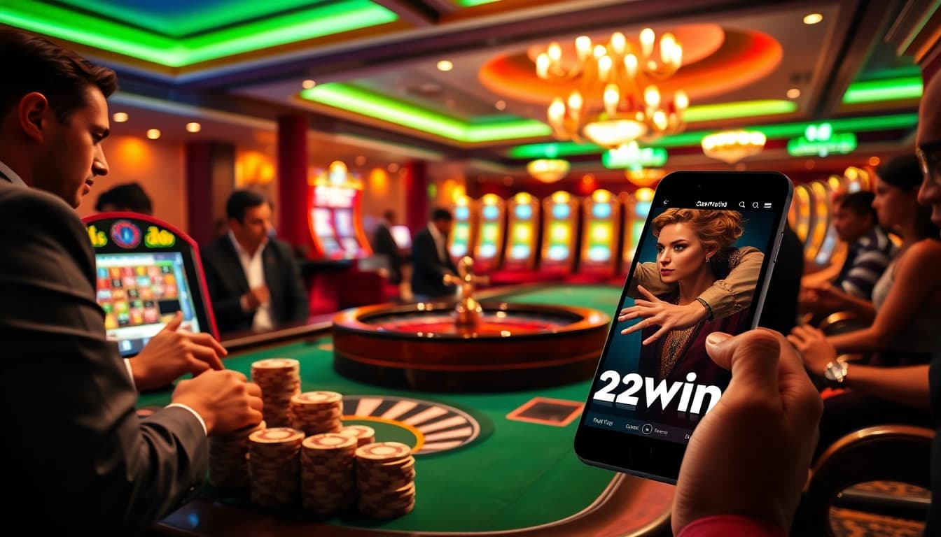 Engaged gamblers enjoying games at a luxurious casino featuring 23win visuals, poker chips, and roulette.