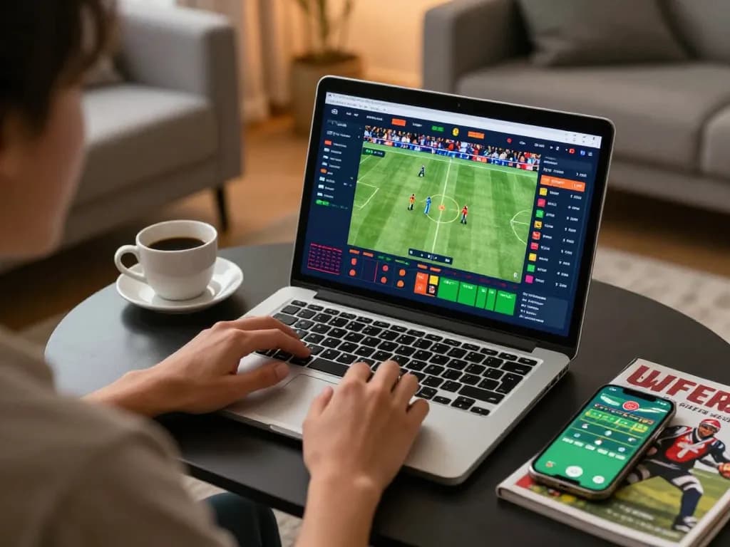 Engaging online sports betting scene with bgd33 interface on laptop and smartphone.