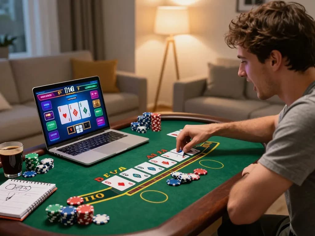 Player showcasing strategic focus during an mb66 blackjack game at home, illuminated laptop screen visible.
