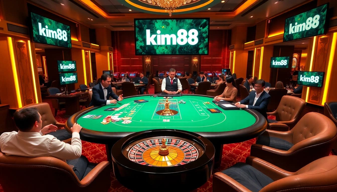Engaging poker game at km88 casino, showcasing chips, cards, and a roulette wheel in action.