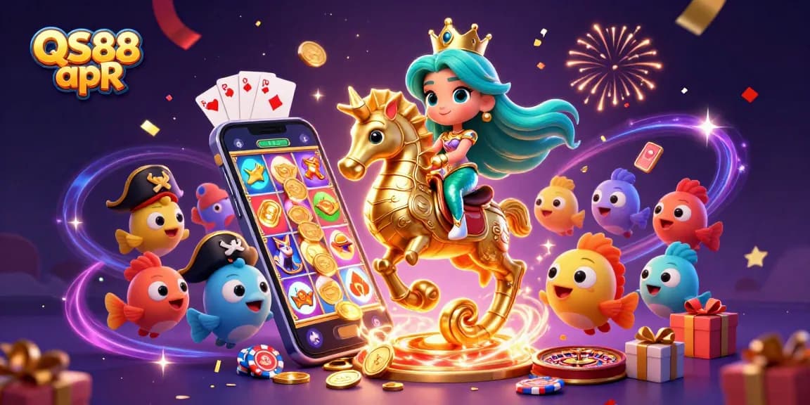Experience thrilling gaming with QS88 apR as the mermaid princess and seahorse explore a magical casino.