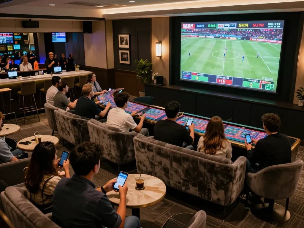Engaged bettors placing wagers in an upscale sports lounge showcasing 8xbet for immersive gaming experience
