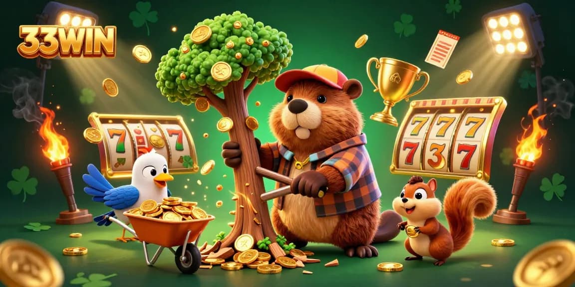Engage with the thrilling world of 33WIN as a beaver chops for golden coins amidst lively casino elements.