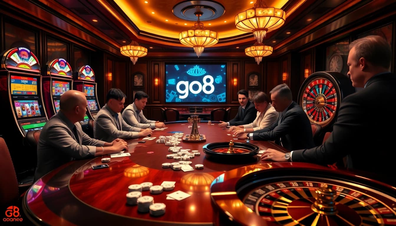 Gambers enjoying a thrilling game experience at go8 casino with vibrant slot machines and poker tables.