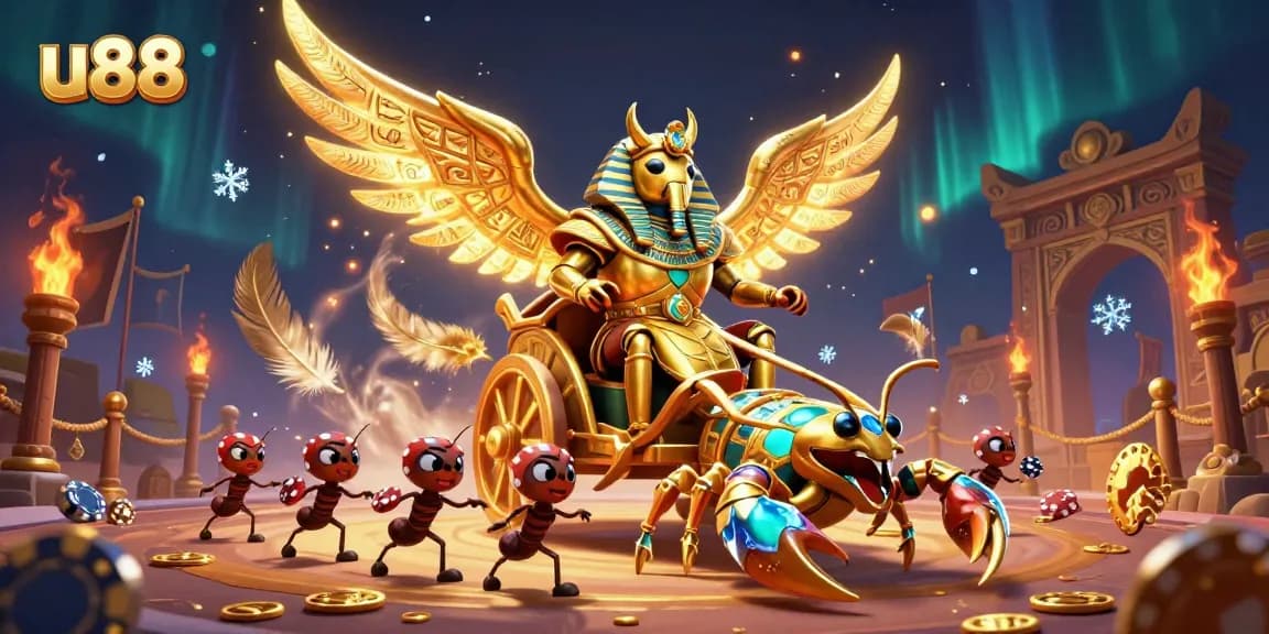 Bet and win with u88 in an action-packed casino scene featuring vivid characters and gold details.