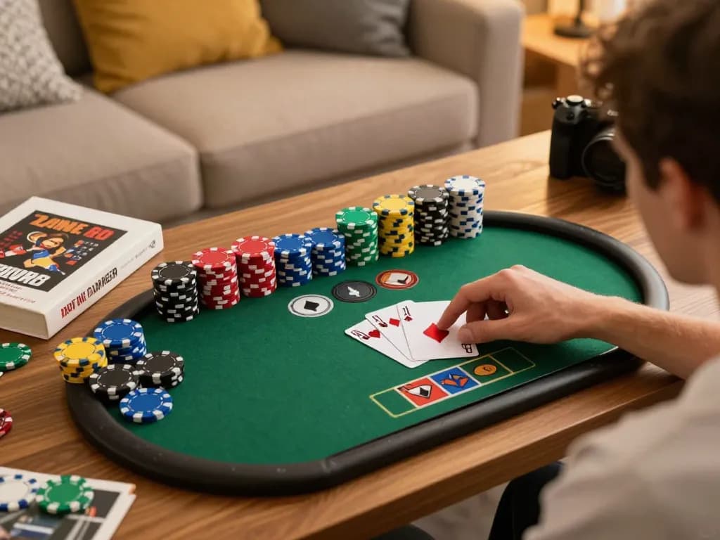 Player engaging in an online poker game at home, illustrating xo88 gaming experience with strategic gameplay.