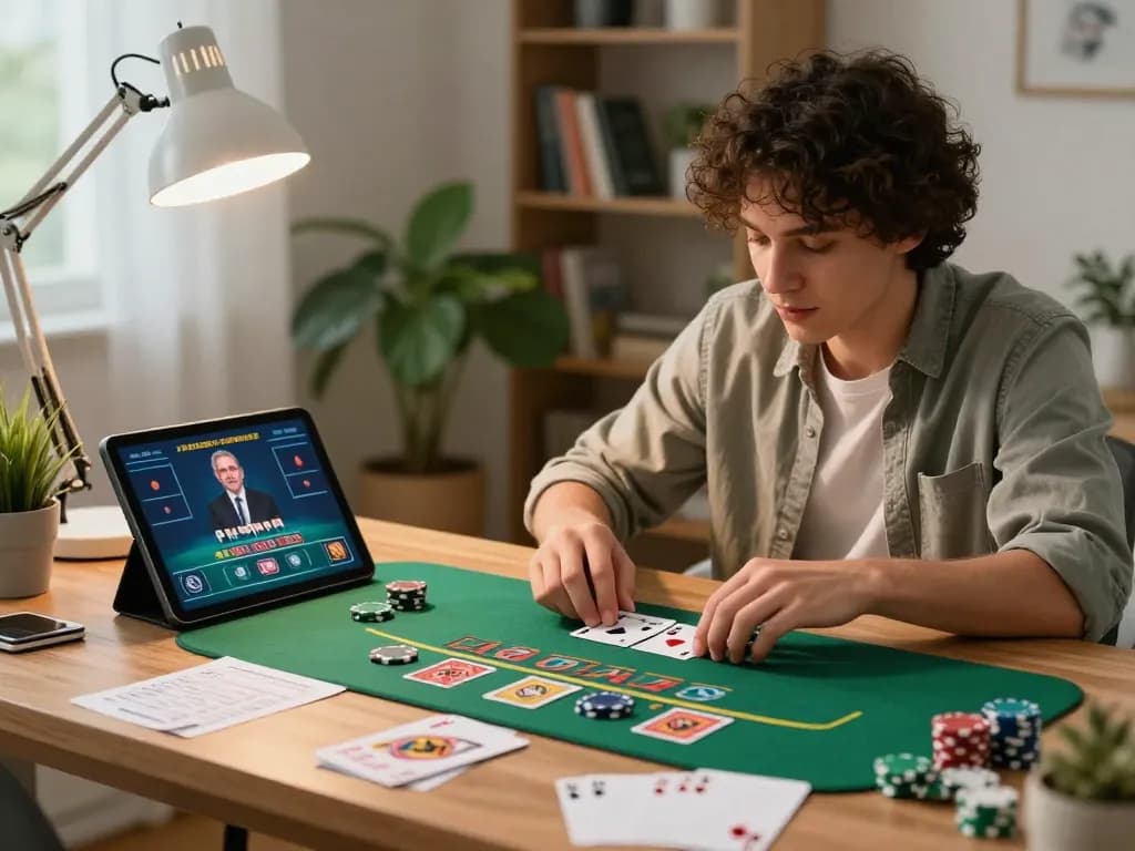 FC88 player enjoying live dealer blackjack in cozy home office, showcasing keen focus and strategy.