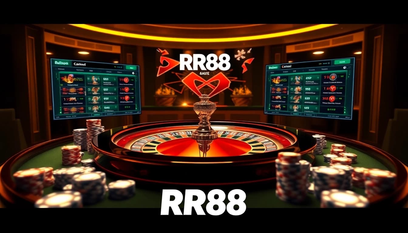 Experience the excitement of RR88 with vibrant cards, chips, and a luxurious roulette table.