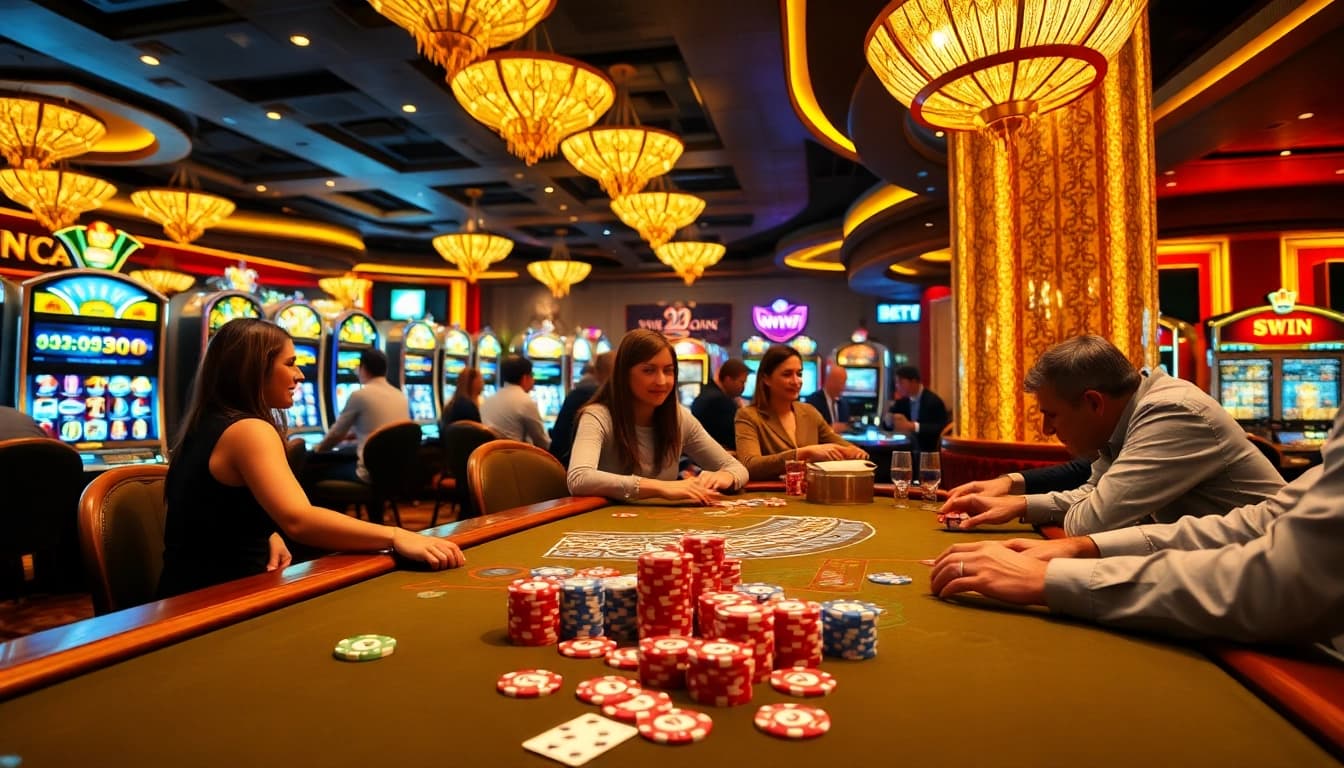 32WIN casino atmosphere featuring vibrant gaming tables and excited players enjoying their experience.