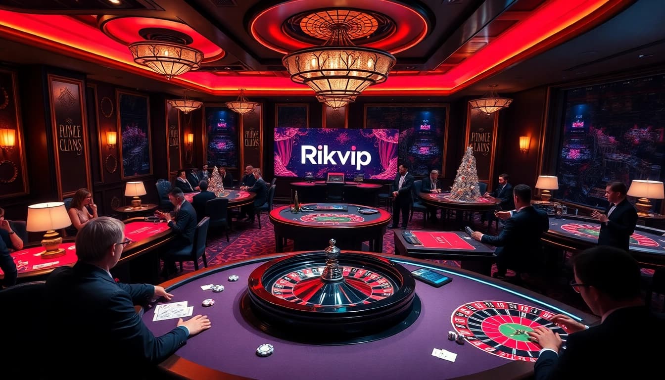 Rich casino scene illustrating the excitement of Rikvip with players at tables and vibrant gaming interfaces.