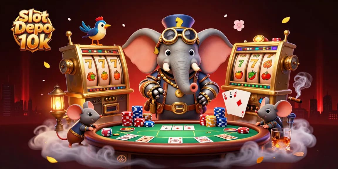 Playing dynamic Slot Depo 10k with a steampunk elephant, colorful chips, and slot reels.