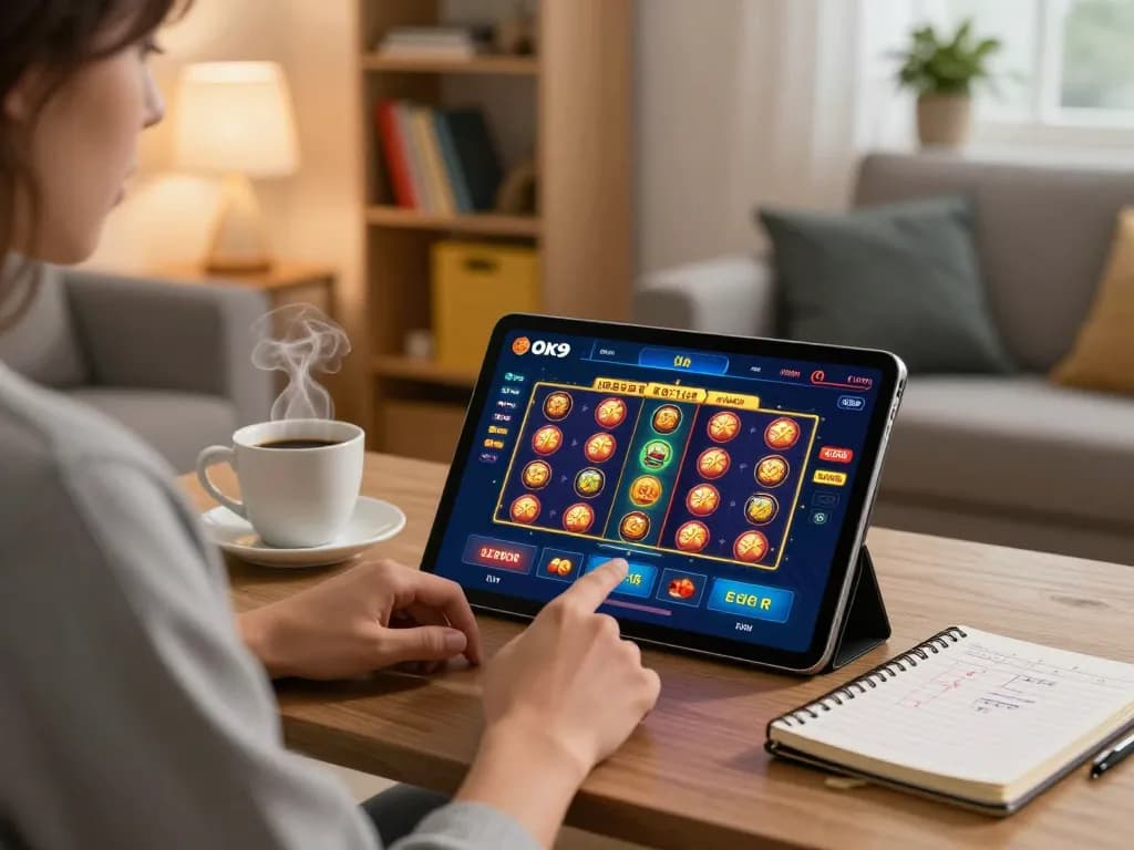 Engaging with the Ok9 mobile app for online casino gaming in a modern home setting.