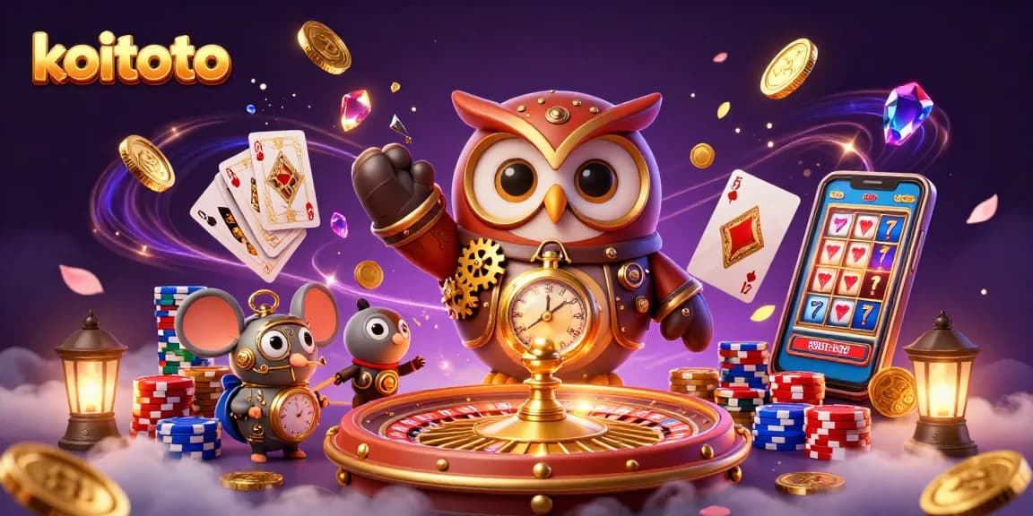 Koitoto platform showcases a vibrant steampunk-themed casino scene with an owl and mouse, spinning roulette wheel, and floating coins.