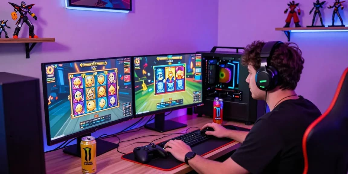 Gamer enjoying pajaktoto online slot games in vibrant gaming setup