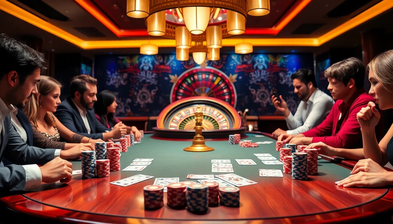 KJC US COM players engaging in an exciting casino gaming experience with poker chips and cards.