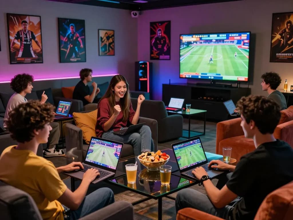 Friends enjoying SBOBET88 online betting in a vibrant gaming lounge with sports screens and snacks.