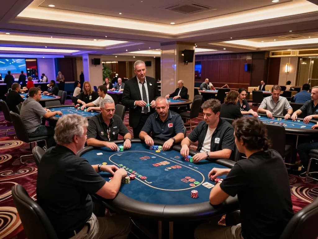FABET players strategizing bets at elegant poker tables in an upscale casino setting, showcasing thrilling gameplay.