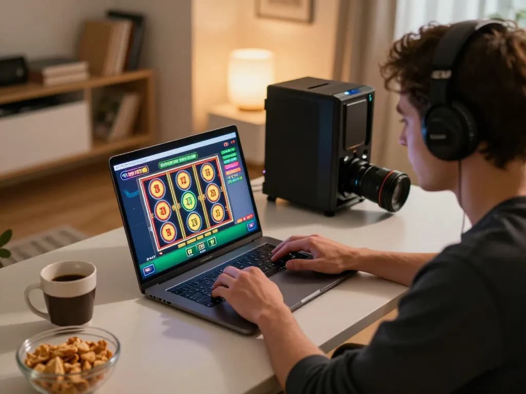 Terlibat dalam permainan slot online Gsc108 di meja rumah yang nyaman dengan pencahayaan hangat