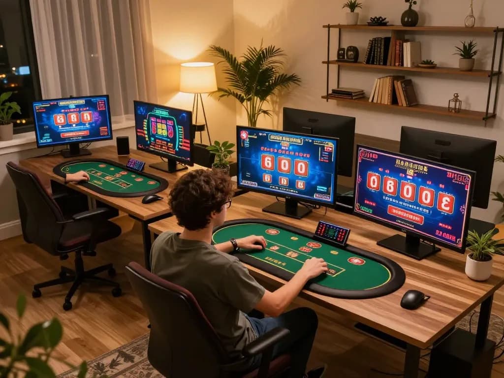 Engaging in strategic online gaming with o8 com on multiple screens in a cozy home setting.