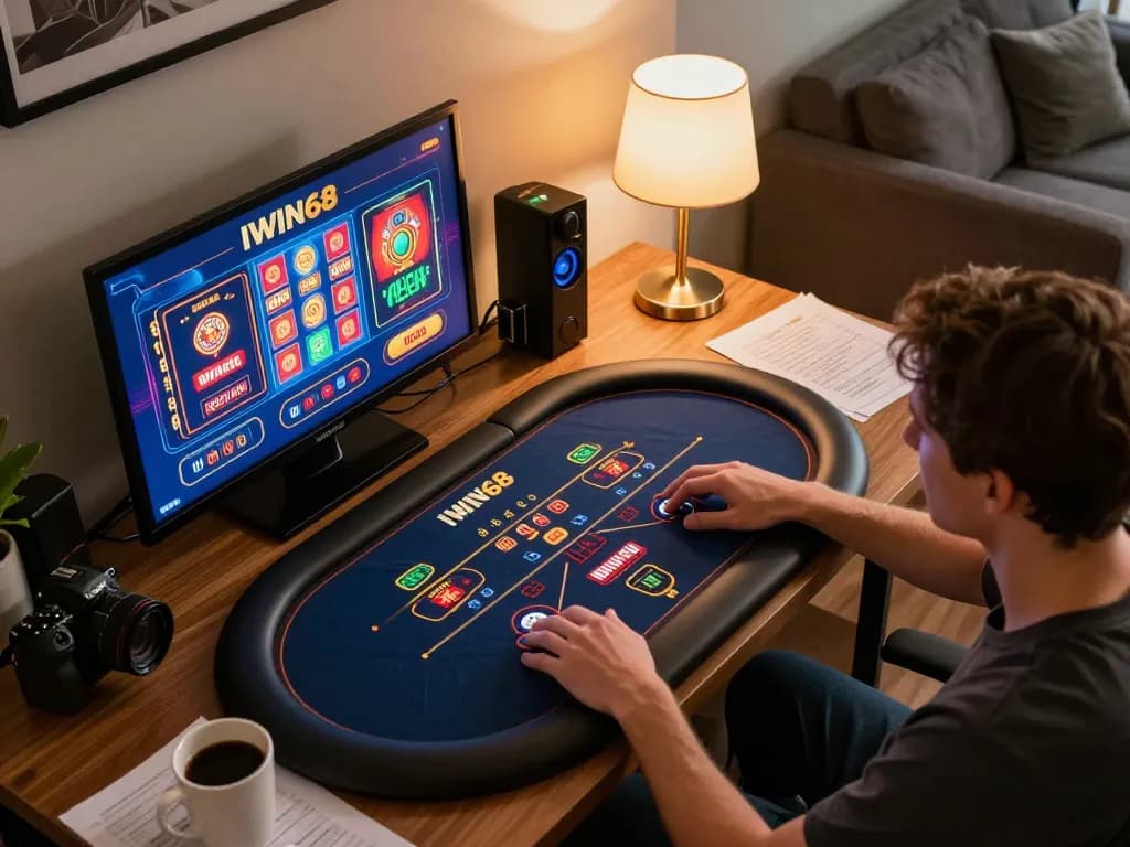 IWIN68 poker and slot games displayed on multiple screens in a focused home gaming setup.