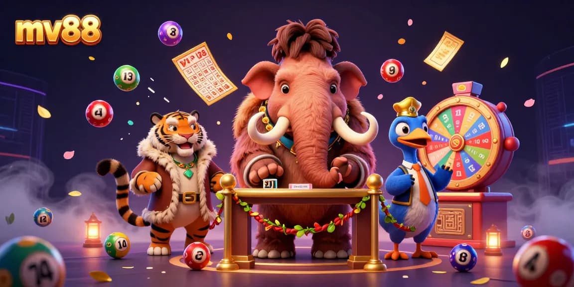 Engage with mv88's vibrant casino atmosphere featuring dynamic lottery actions and colorful characters.