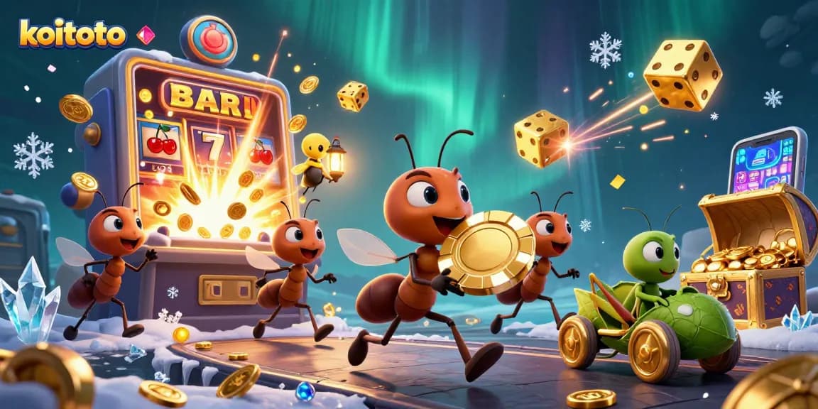 Experience thrilling gameplay at koitoto with a vibrant scene of ants heisting a massive poker chip amidst exploding casino elements.