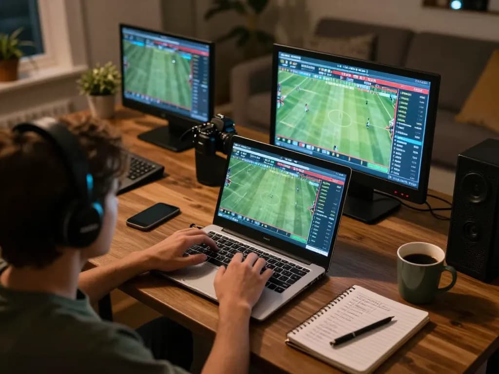 Person engaging in kqbd sports betting at home, surrounded by strategy notes and cozy lighting.