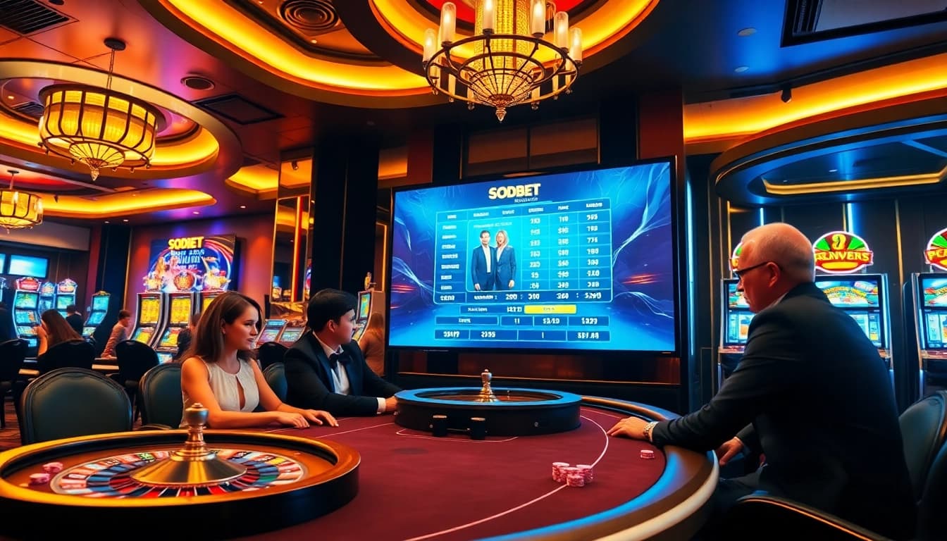 Exciting sbobet link alternatif setup in a luxurious casino with elegant betting tables and vibrant slot machines.