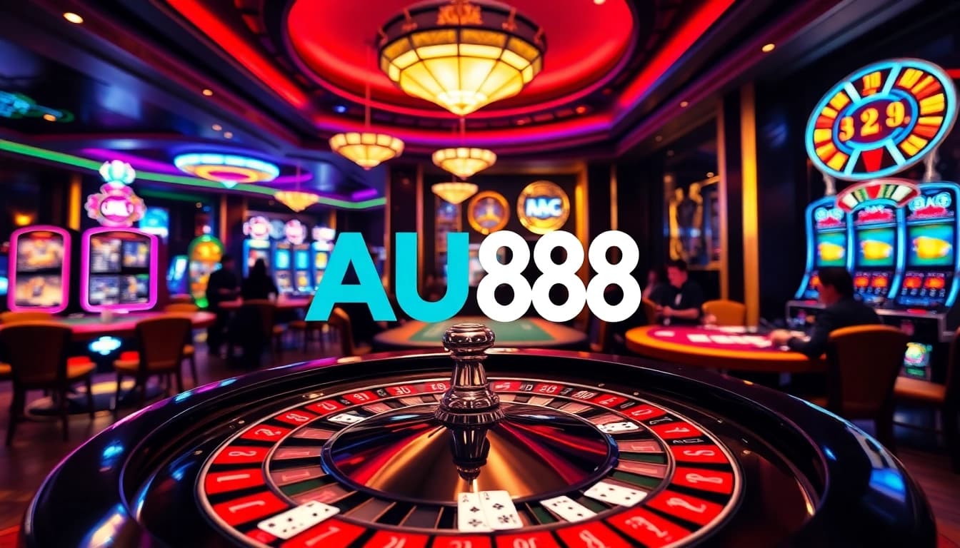 A dynamic casino experience featuring AU88, vibrant roulette and poker tables, showcasing a thrilling gambling atmosphere.