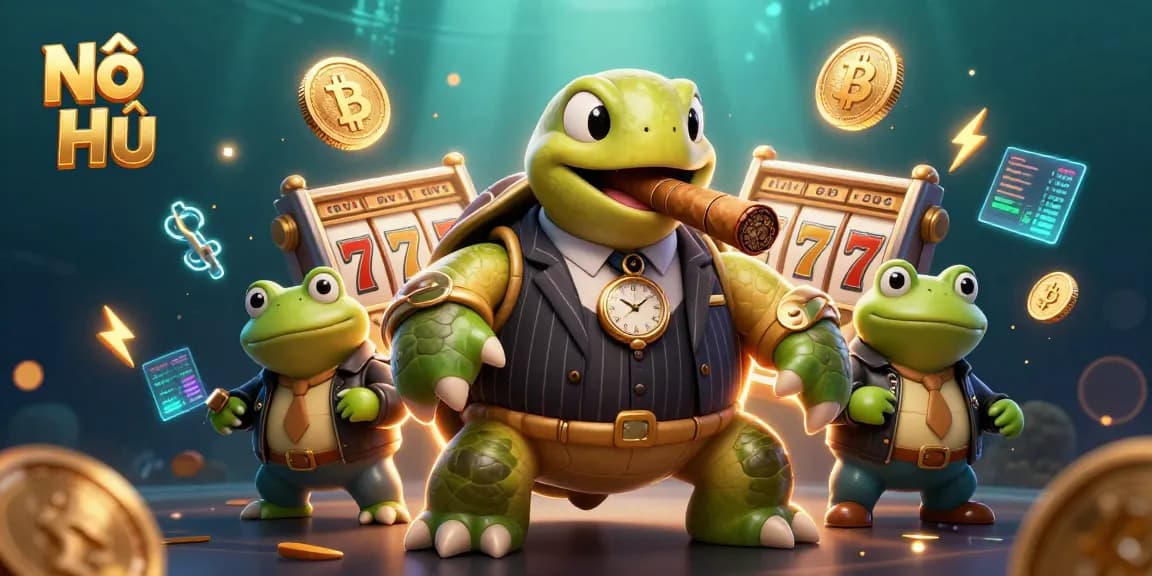 Nổ Hũ slot game scene featuring a snapping turtle in a mobster suit, vibrant casino elements, and crypto coins.