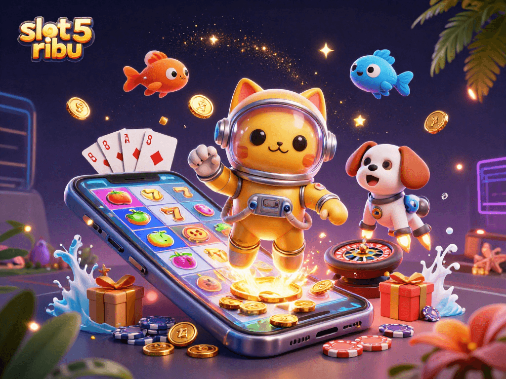 Spin the reels with slot 5 ribu in this vibrant 3D illustration showcasing a colorful space adventure.
