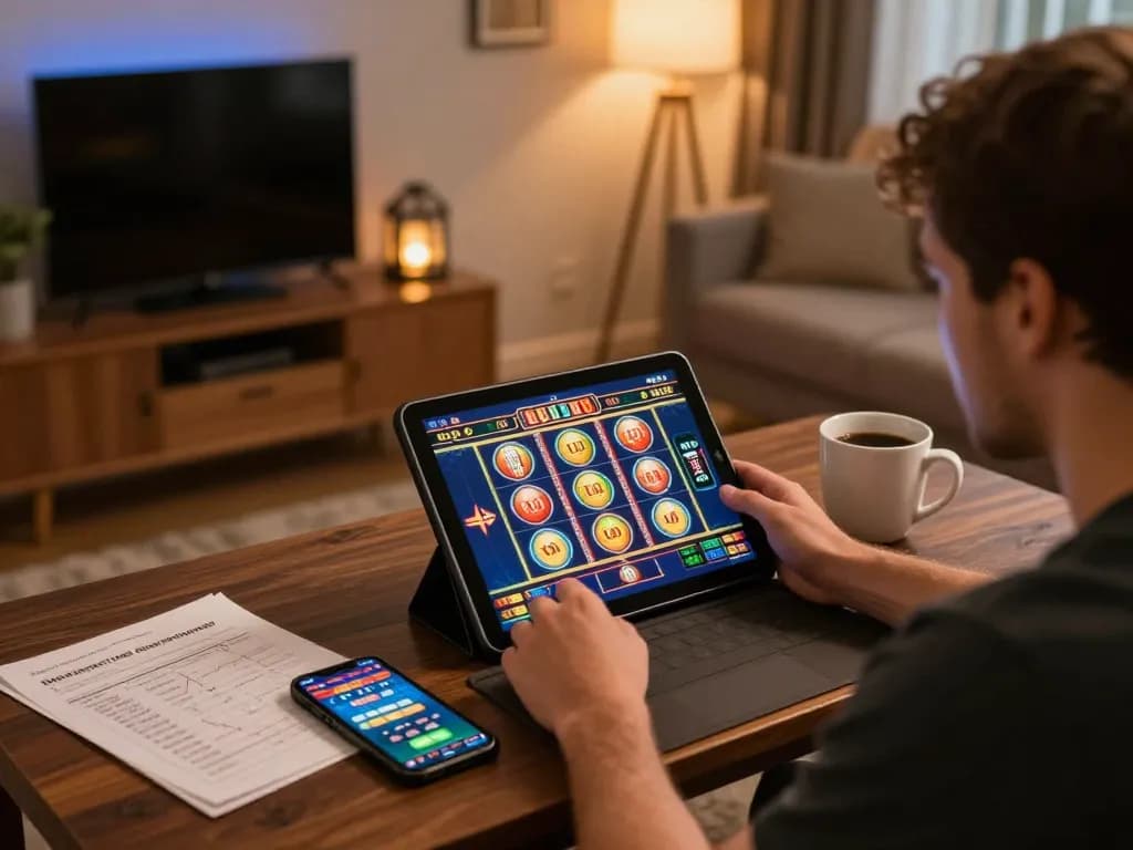 Engaging player enjoying slots at non UK casinos with strategy notes and cozy atmosphere