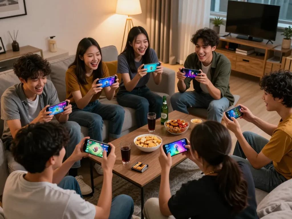 Players celebrating a win while gaming online with 3win on their phones in a cozy setting.