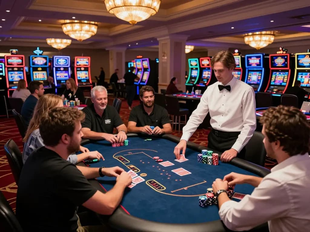 Players engaged in an exciting game of poker at a luxurious casino, showcasing strategic interactions and vibrant atmosphere with five88 at the center.