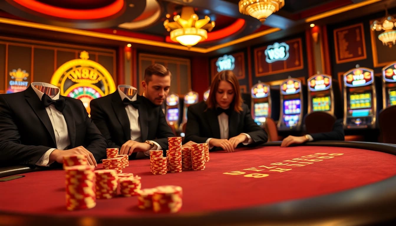 W88 poker table with players engaged in high-stakes game, showcasing excitement and luxury