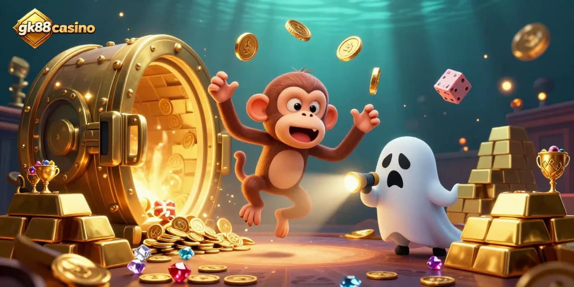 Experience the excitement of gk88casino with a mischievous monkey juggling golden objects in a haunted casino scene.