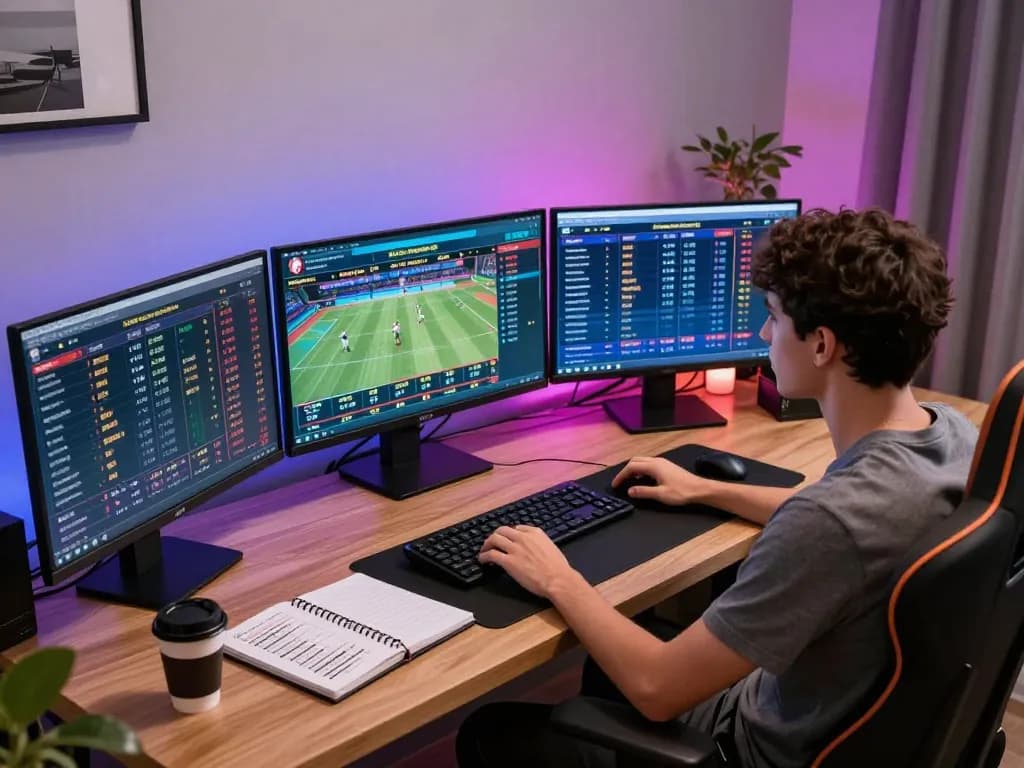 Engaging with kèo nhà cái odds at a modern sports betting setup, showcasing strategic play in an inviting home environment.