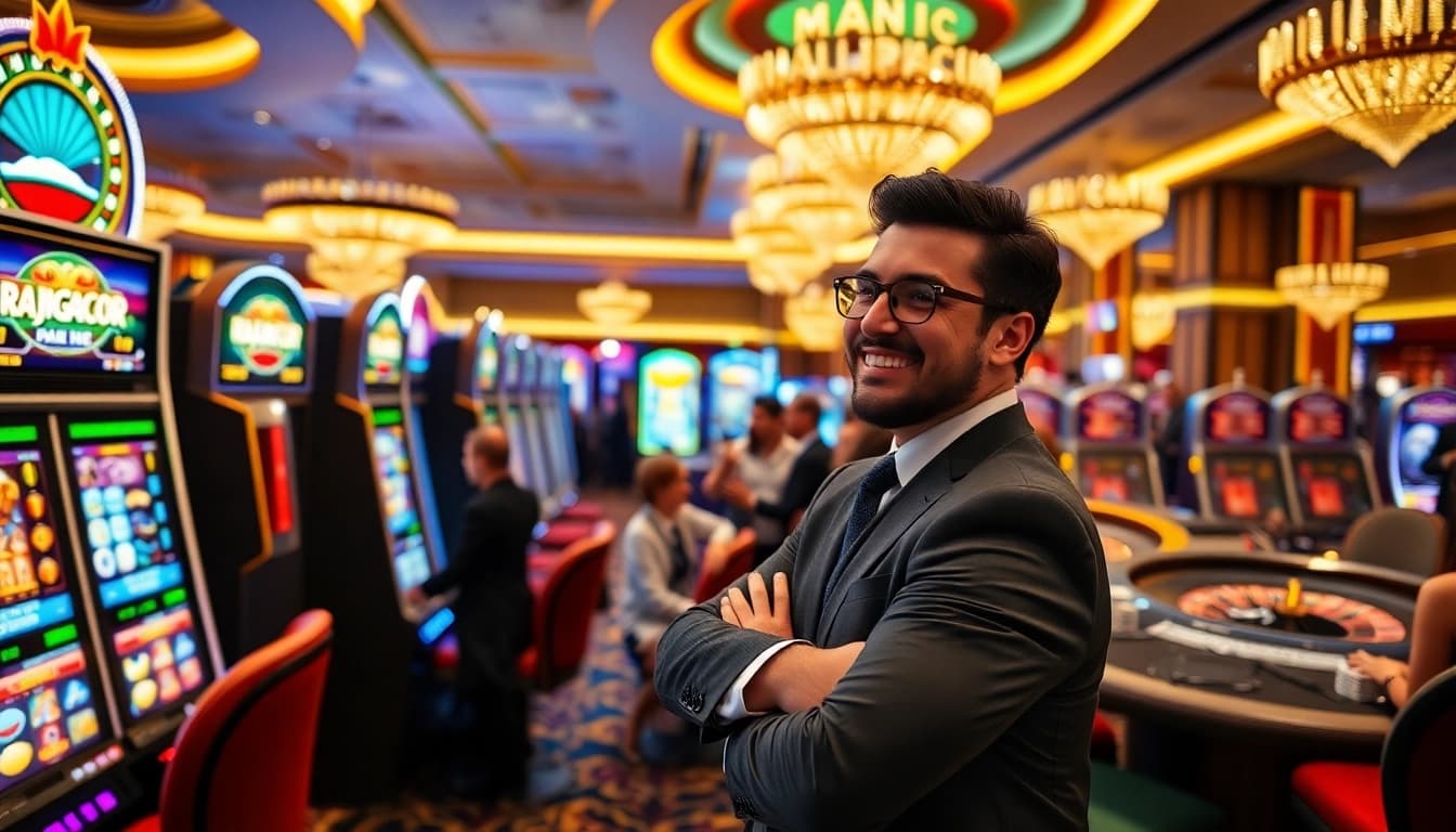 Engage with RAJAGACOR themed slot machines in a luxurious casino setting.