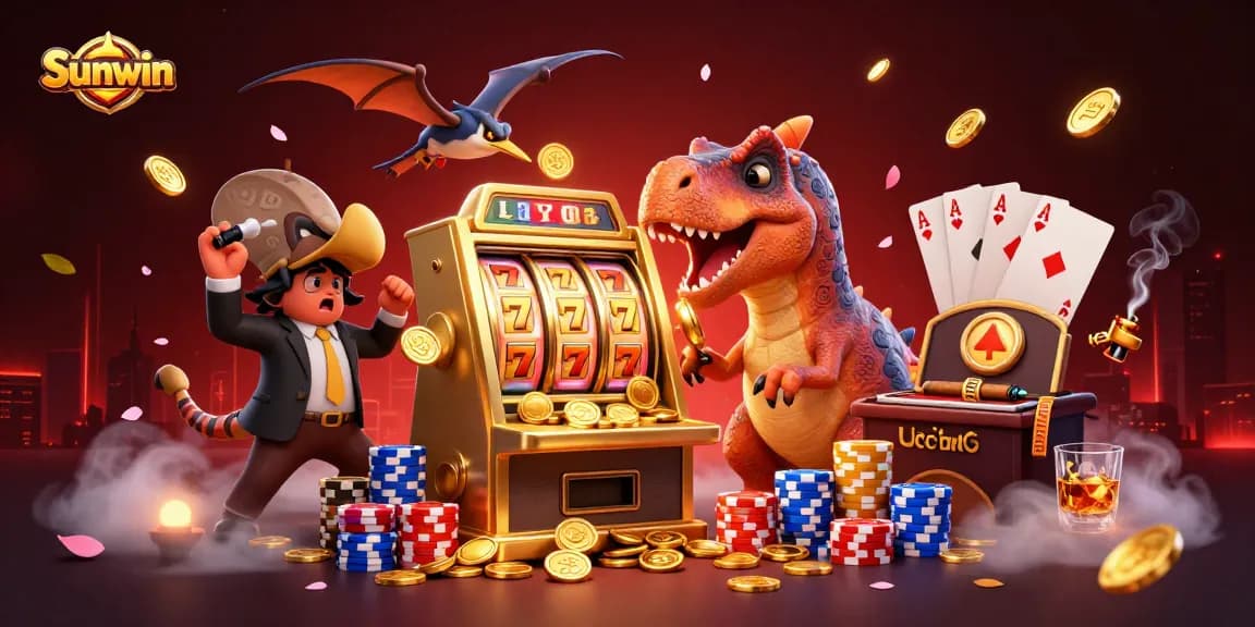 Sunwin features a cartoon dinosaur winning jackpot coins at a vibrant casino, showcasing lively gaming elements.