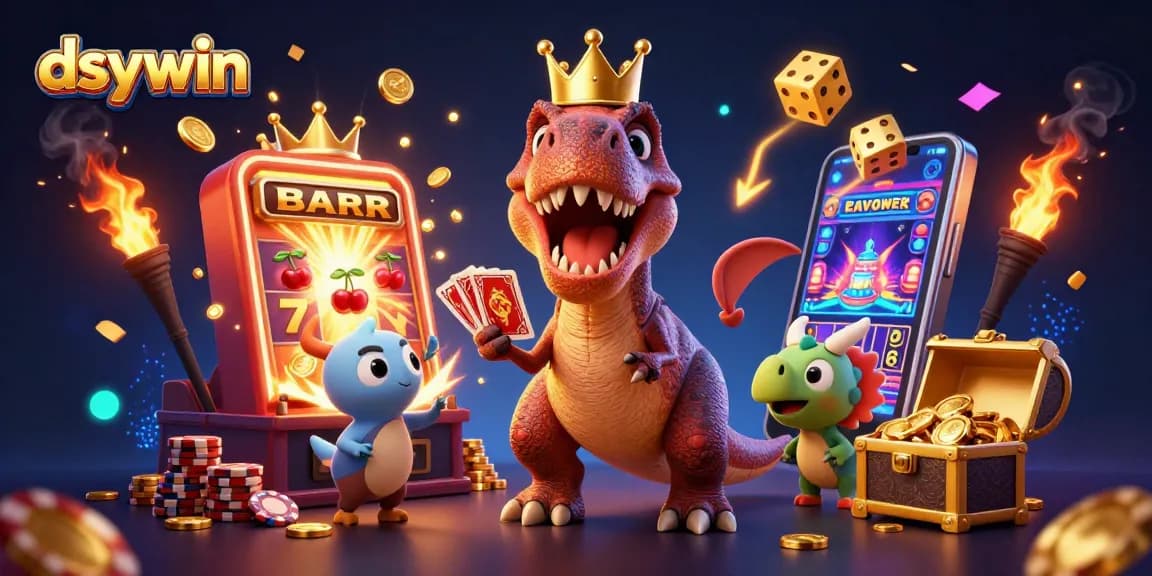 Enjoy dsywin's exciting free credit casino adventure with playful T-Rex and friends at the baccarat table.