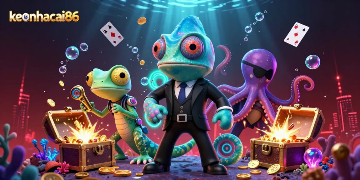 Engage with keonhacai86's vibrant underwater gambling scene featuring animated characters and casino elements.