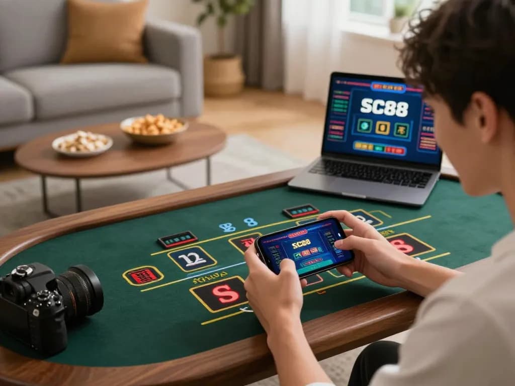 Engaging in a live dealer game on SC88 Link via mobile, showcasing modern gaming setup.
