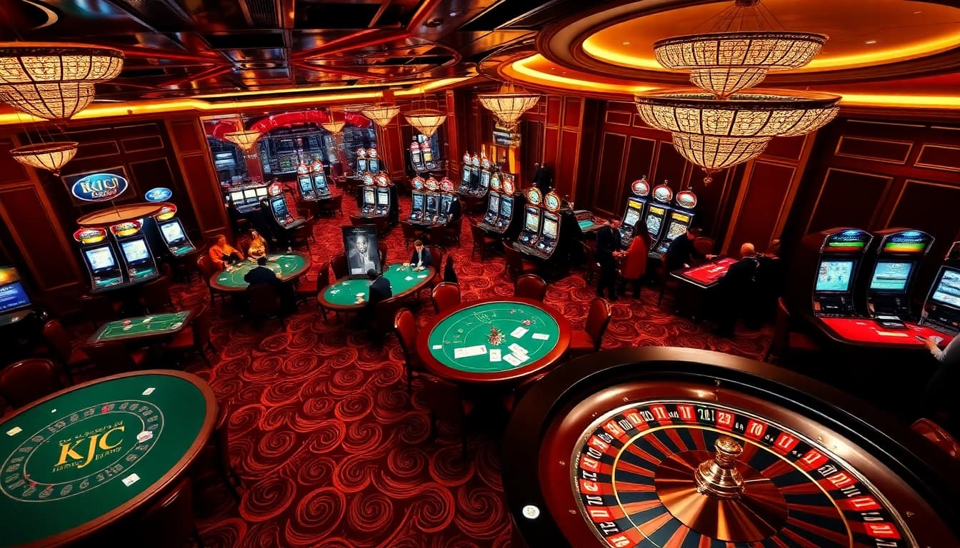 KJC's vibrant casino atmosphere featuring gaming tables, cards, and poker chips, showcasing excitement.