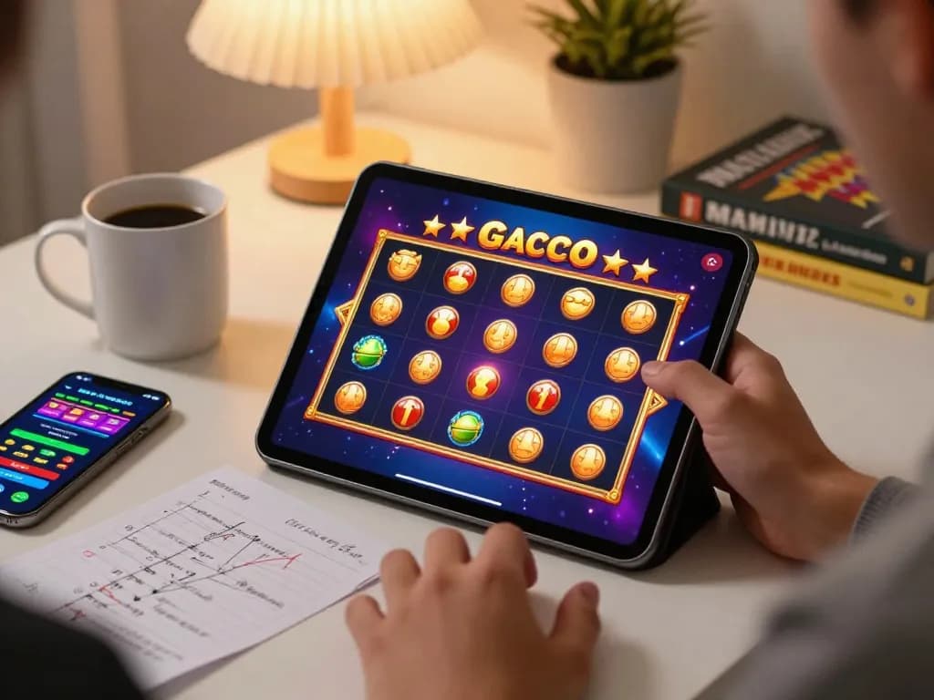 Engaging online gaming setup showcasing slot gacor gameplay on a tablet, fostering a cozy, strategic gambling atmosphere.