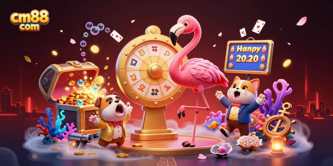 Experience thrilling excitement at cm88 com with a lively game show scene featuring vibrant characters and dynamic casino elements.